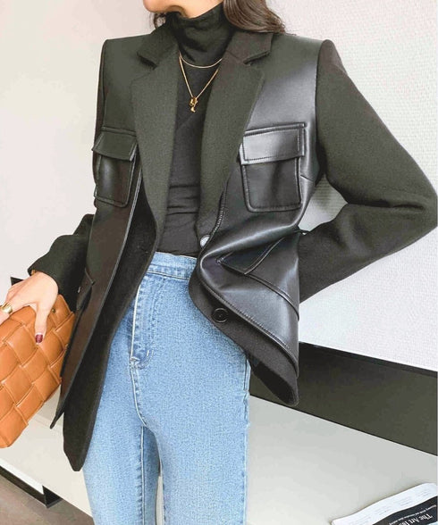 Faux Leather Panel Tailored Jacket